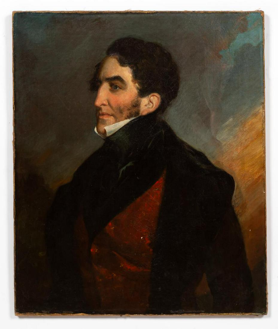 MANNER OF THOMAS LAWRENCE, PORTRAIT OF A GENTLEMAN: In the manner of Sir Thomas Lawrence (British, 1769-1830). "Portrait of an English Gentleman", oil on canvas. Apparently unsigned, label verso in German reading "Sir. Th. Lawrence: Bildnis eines vorhe