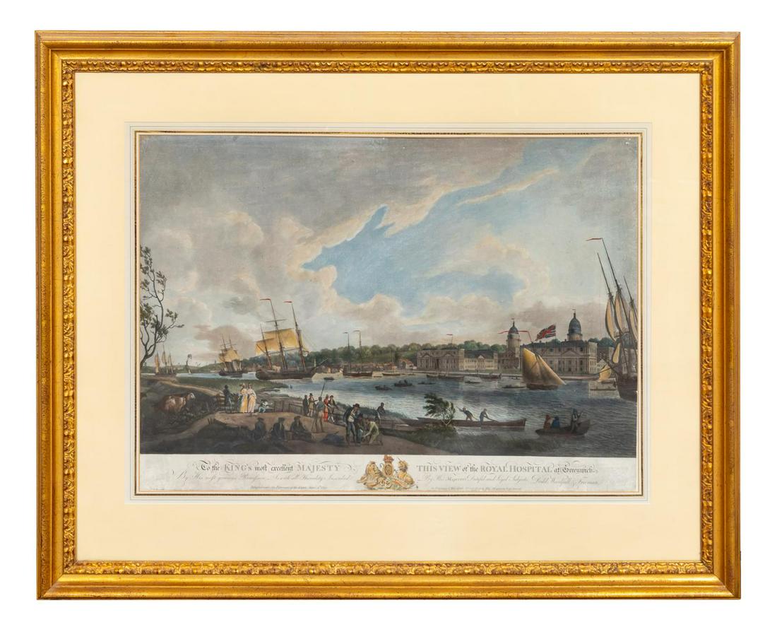 1793, ENGLISH ENGRAVING, ROYAL HOSPITAL, GREENWICH: After Robert Dodd (English, 1748-1815). "View of the Royal Hospital at Greenwich" -1793, hand colored aquatint. Giltwood frame. Approx. 30.75" x 38.25" (frame), 19.25" x 27" (sight)