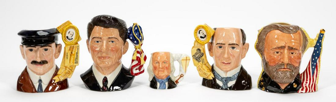 5 PCS, ROYAL DOULTON TOBY JUGS, AMERICAN FIGURES: Royal Doulton (British, founded 1815). Collection of five ceramic toby character jugs comprising "Ronald Reagan", "Orville Wright", "Wilbur Wright", "Ulysses Grant/Robert E. Lee (Antagonists' Series)"