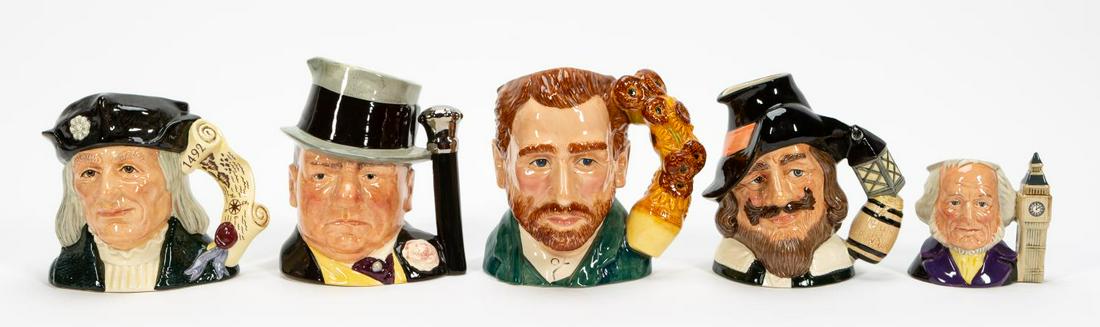 5 PCS, ROYAL DOULTON, TOBY JUGS, HISTORICAL FIGURE: Royal Doulton (British, founded 1815). Collection of five ceramic toby character jugs comprising "Christopher Columbus", "Guy Fawkes", "John Doulton", "W.C. Fields", and "Vincent Van Gogh". Each appro