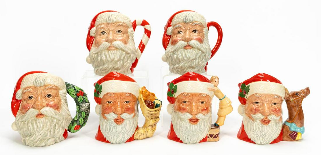 6 PCS, ROYAL DOULTON, SANTA CLAUS TOBY JUGS, CHRIS: Royal Doulton (British, founded 1815). Collection of six Christmas toby character jugs depicting Santa Claus. All marked appropriately and titled underneath. Approx. h. 7" (tallest).