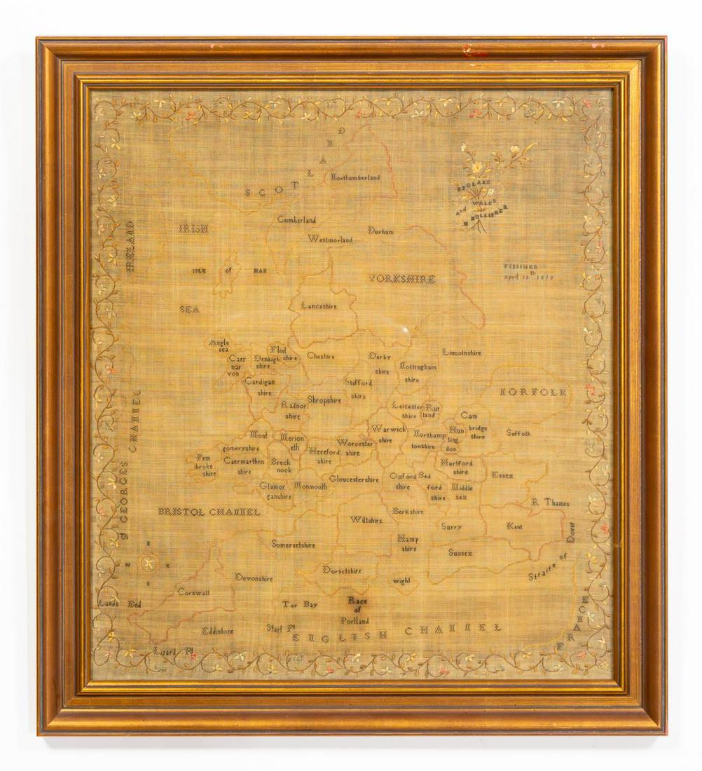 1813, ENGLISH NEEDLEWORK MAP OF WALES & ENGLAND: British, 1813. English needlework map depicting England and Wales from the English Channel to the Scottish border.. Signed "M. MulIinder" and "FINISHED / April 15th, 1813". Approx. 26.5" x 24" (frame)