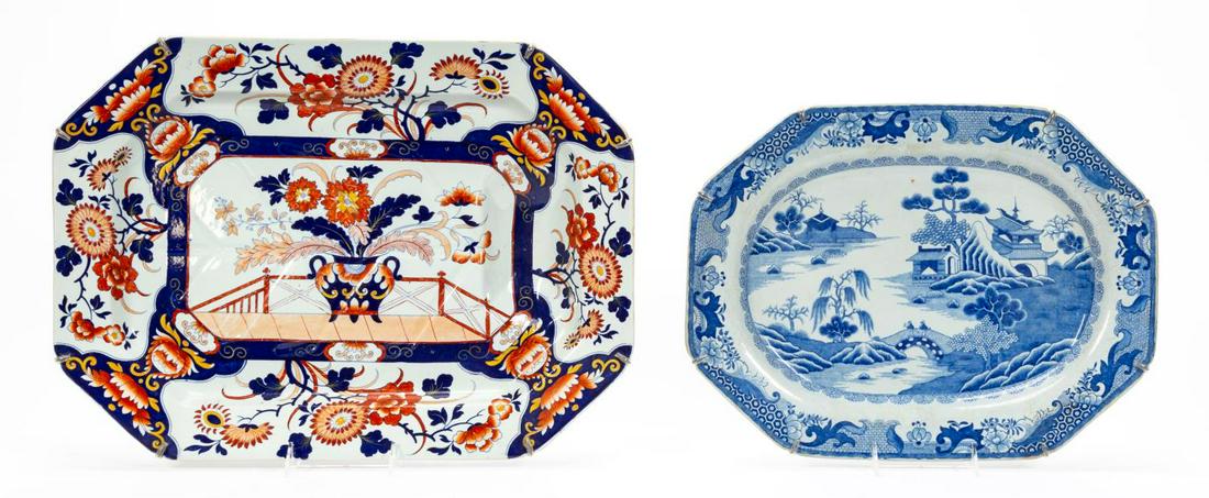 2 PCS, ENGLISH PORCELAIN AND IRONSTONE PLATTERS: British and Chinese, late 18th/early 19th century. Tablewares comprising Imari palette ironstone well and tree platter probably by Hicks, Meigh & Johnson, marked on underneath with crown mark, togethe
