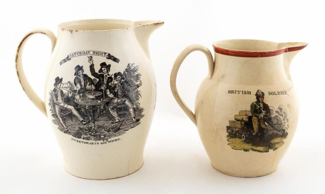 2 18TH C. LIVERPOOL TRANSFERWARE CERAMIC PITCHERS: English, 18th century. Group of two Liverpool creamware pottery pitchers with transfer decoration, comprising one with "Saturday Night Sweethearts and Wives" based on a sailor's song by Charles Dibdin