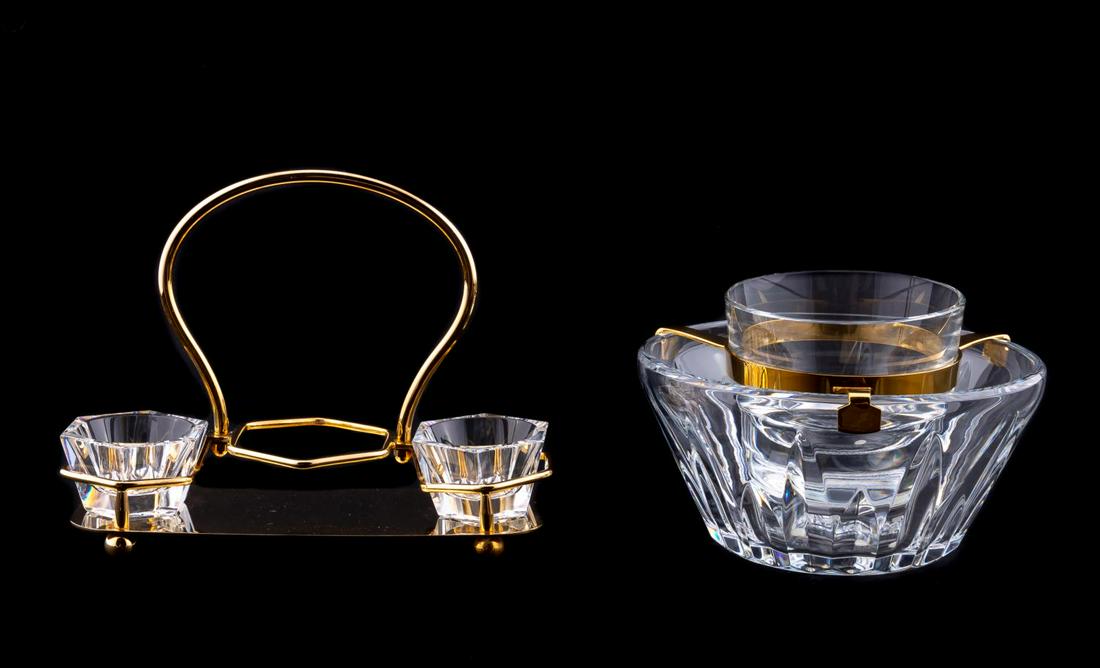 2 PCS BACCARAT CRYSTAL, CAVIAR SET & SALT CELLARS: French, contemporary. "Biarritz" pattern crystal caviar set comprising two bowls and gilt metal collar, together with Baccarat salt cellars in gilt metal caddy. Marked underneath. Approx. dia 6.75" (c