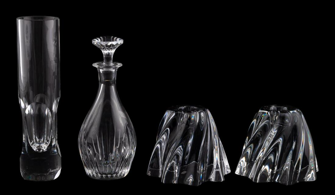 4 PCS, BACCARAT CRYSTAL, ORESTE, MASSENA & ORION: French, contemporary. Group of crystal table articles comprising pair "Oreste" candlesticks (3"), "Orion" bud vase (7"), and "Massena" cruet with stopper (6"). All appropriately marked.