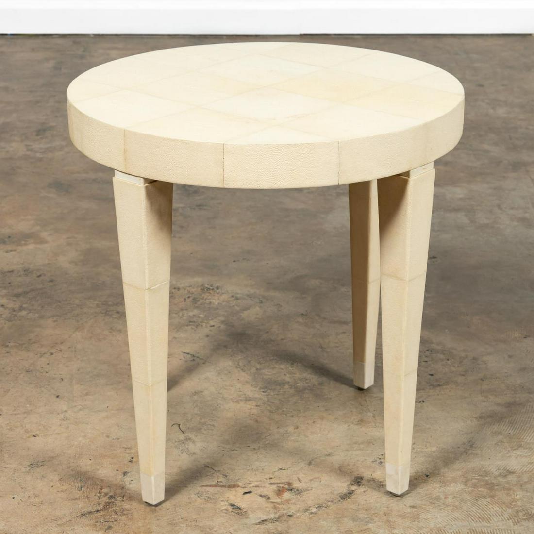 C. 1920 ART DECO WHITE SHAGREEN SIDE TABLE: French or Continental, early 20th century. An Art Deco Jean-Michel Frank style round shagreen end table with veneer panels and tapered legs. Apparently unmarked. Approx. h. 24.25", diam. 24".