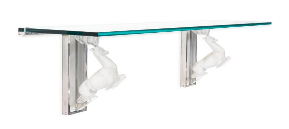 LALIQUE "STAG" GLASS & METAL CONSOLE TABLE: Lalique (France), 20th century. Glass and crystal console table with leaping stag supports. Marked "Lalique, France". Approx. h. 11.5", w. 51.25", d. 12".