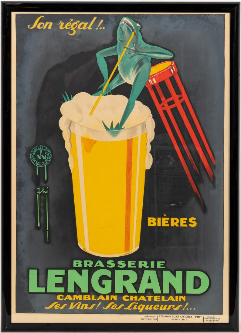 BRASSERIE LENGRAND, FRENCH ADVERTISEMENT, FRAMED: French, 1926. "Brasserie Lengrand ". Color lithograph art deco advertising poster depicting a frog on a stool drinking beer through a straw. Framed. Approx. 42.25" x 30.5" (frame), 39.5" x 27.75" (sig