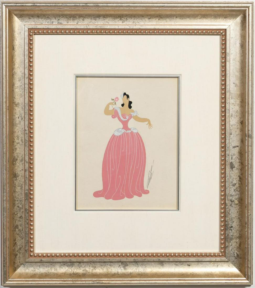 ERTE SIGNED GOUACHE, "ROSE COSTUME SKETCH": Romain de Tirtoff Erte (Russian/French, 1892-1990). "Rose Costume Sketch"- circa 1948, gouache on paper, signed on lower right, numbered and stamped Erte on verso. Approx. 13" x 10" (paper), 27" x 24"