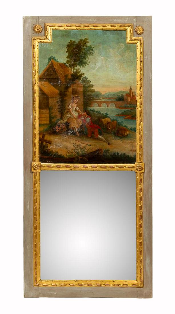FRENCH TRUMEAU MIRROR WITH ROMANTIC PAINTING: Continental, probably French, 19th century. Gilt and painted wood frame trumeau mirror with oil on canvas of an amorous couple in a landscape. Apparently unmarked and unsigned. Approx. 61.5" x 28.5"