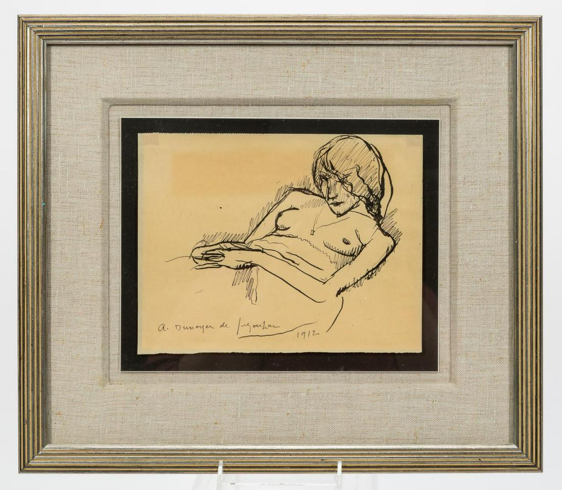 SEGONZAC, FEMALE NUDE, FRENCH DRAWING, 1912: Andre Albert Marie Dunoyer de Segonzac (French, 1184-1974). "Reclining Female Nude" -1912, ink. Signed and dated lower left. Approx. 14.5" x 16.5" (frame), 7" x 9" (sheet)