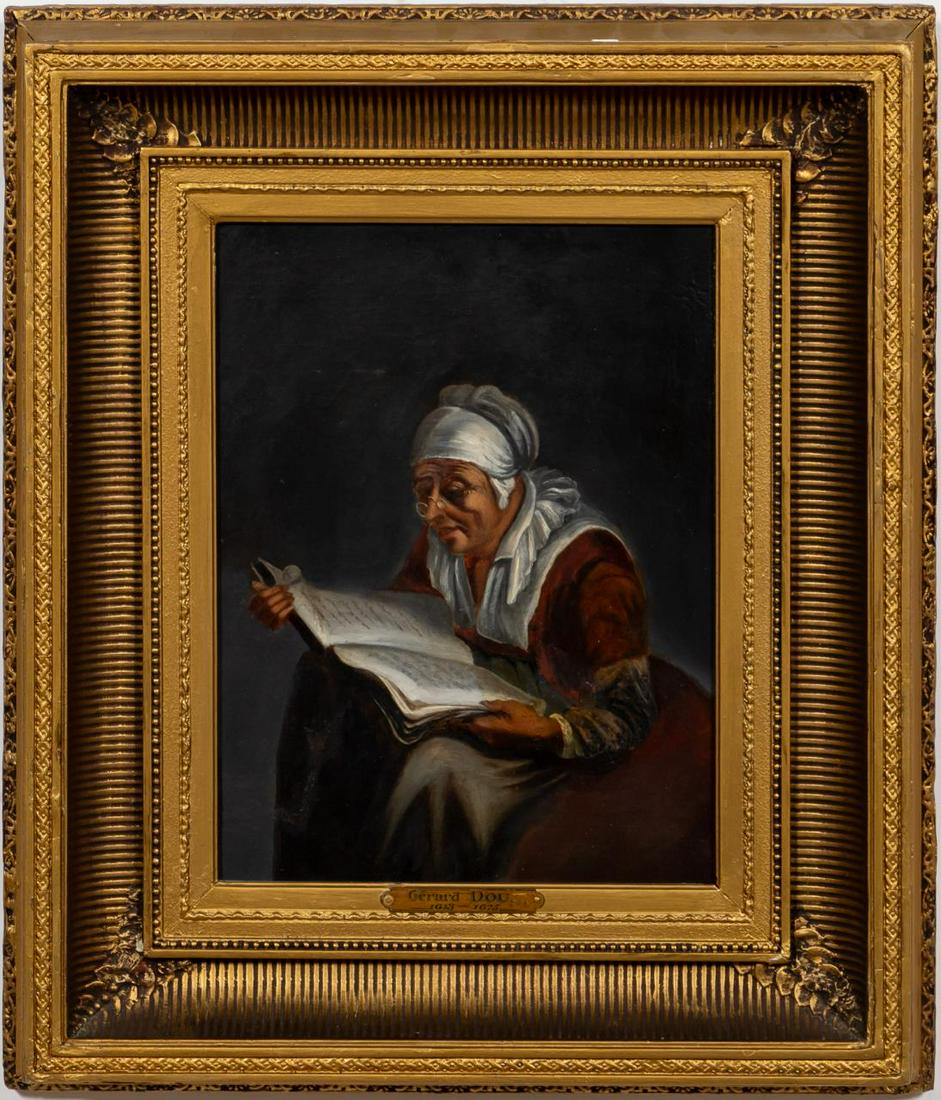 LADY READING, MANNER OF GERRIT DOU, GILTWOOD FRAME: Manner of Gerrit Dou (1613-1675). "Lady Reading", oil on canvas. Apparently unsigned, identified as "Gerard Dou" on plaque on giltwood frame. Approx. 20" x 17" (framed), 12.75" x 9.5" (canvas)