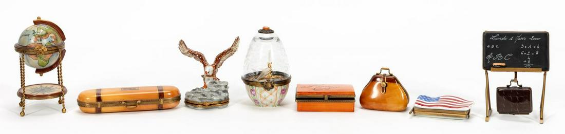 8 PCS, LIMOGES PORCELAIN PILL BOXES, CIGARS,: French, 20th/21st century. Collection of eight Limoges pill boxes comprising the themes "Baseball "with glove and ball", "Fine Cigars", "American Flag", "Eagle on Rock", "Doctor's Bag (with stethoscop