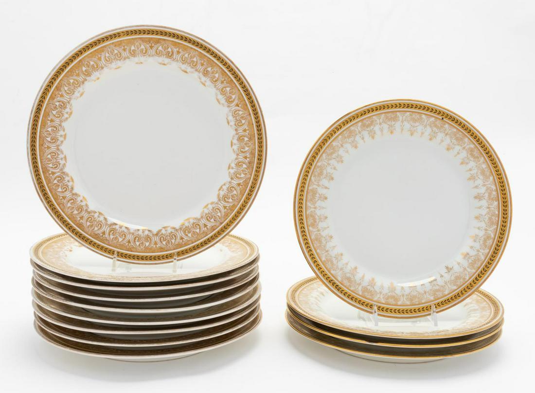 13 PCS JEAN POUYAT LIMOGES PLATES, CREAM & GILT: Jean Pouyat (French 20th century). Cream body with gold rim dinner plates comprising nine dinner plates with anthemion and floral decoration and four dinner plates with same outer rim but different fl