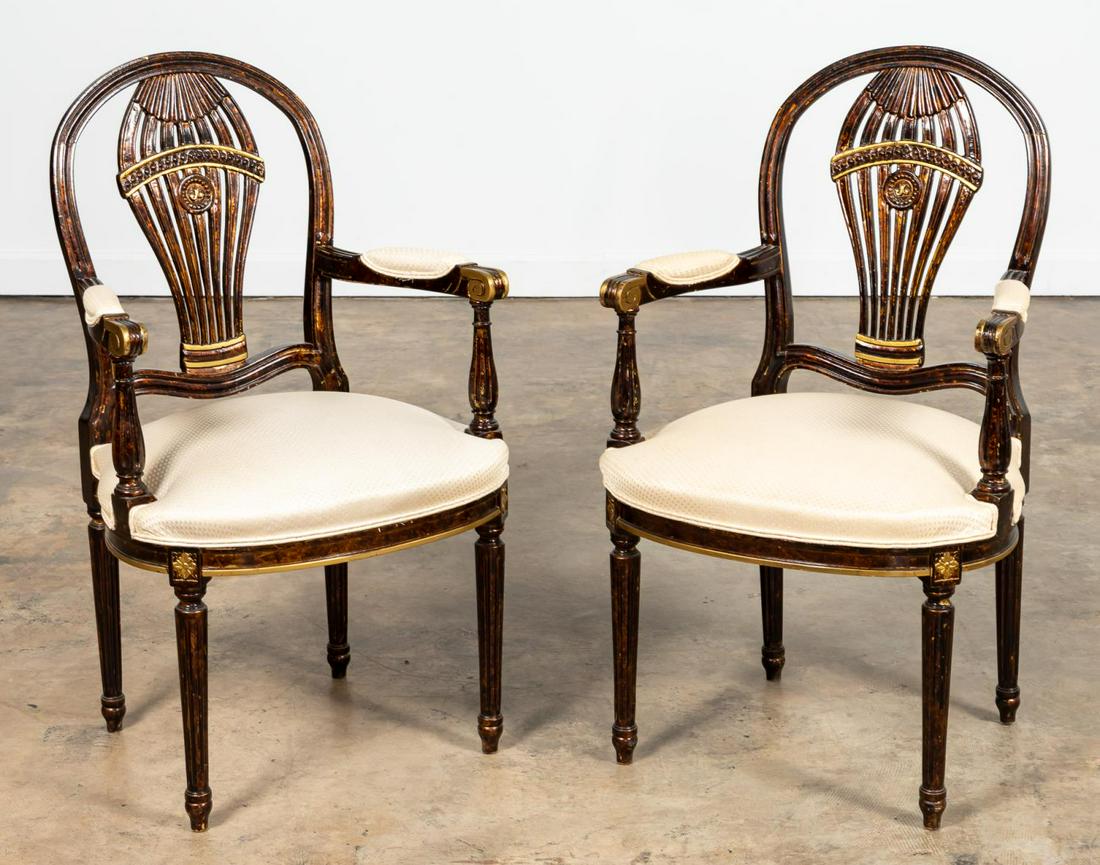 PAIR, LOUIS XVI STYLE FAUX TORTOISESHELL ARMCHAIRS: French, 20th century. Maison Jansen style balloon chairs with faux tortoiseshell finish, gilt accents, and cream upholstery. Apparently unmarked. Approx. h. 38.25, w. 23", d. 19".