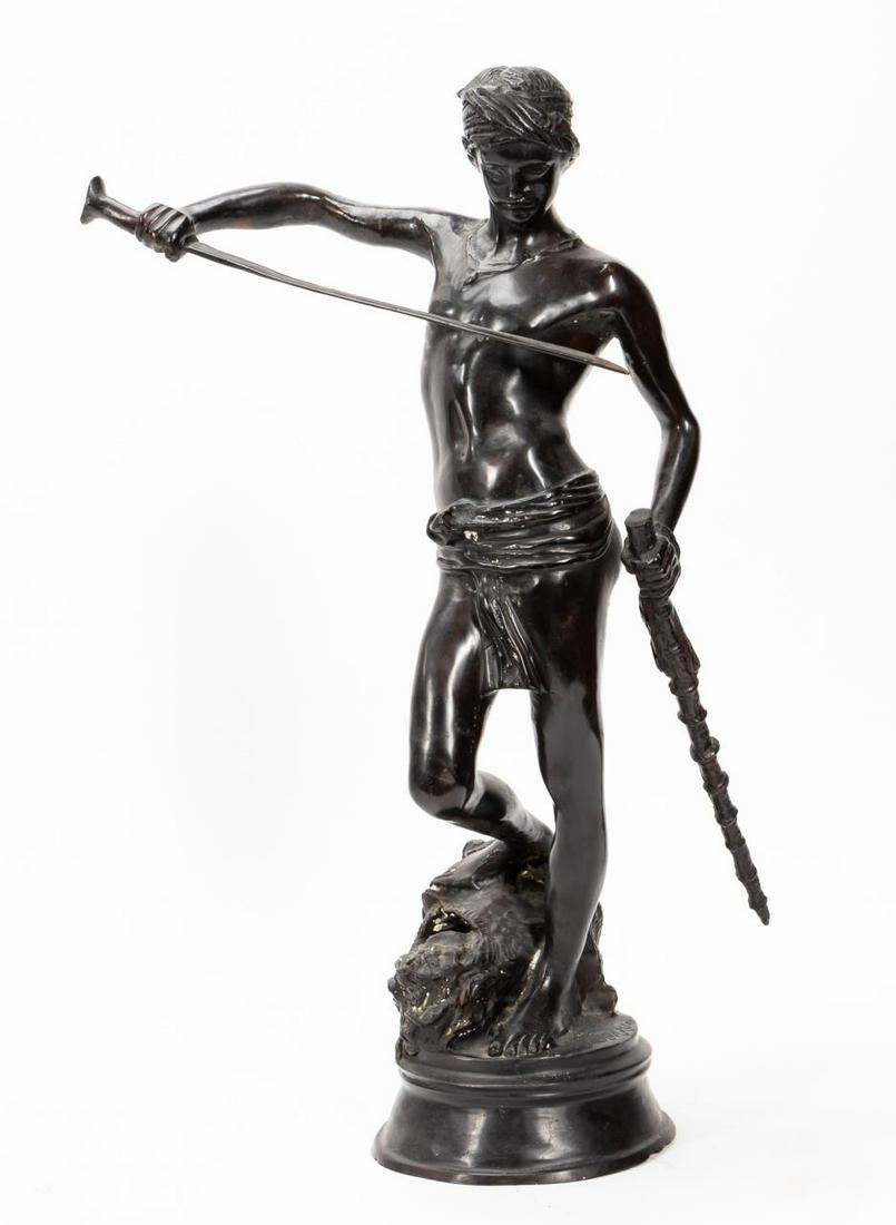 ANTONIN MERCIE, DAVID AND GOLIATH, BRONZE: Antonin Mercie (French, 1845-1916). "David Vanquishing Goliath", bronze depicting David with his foot on the head of Goliath . Signed on base. Approx. h. 26.5"