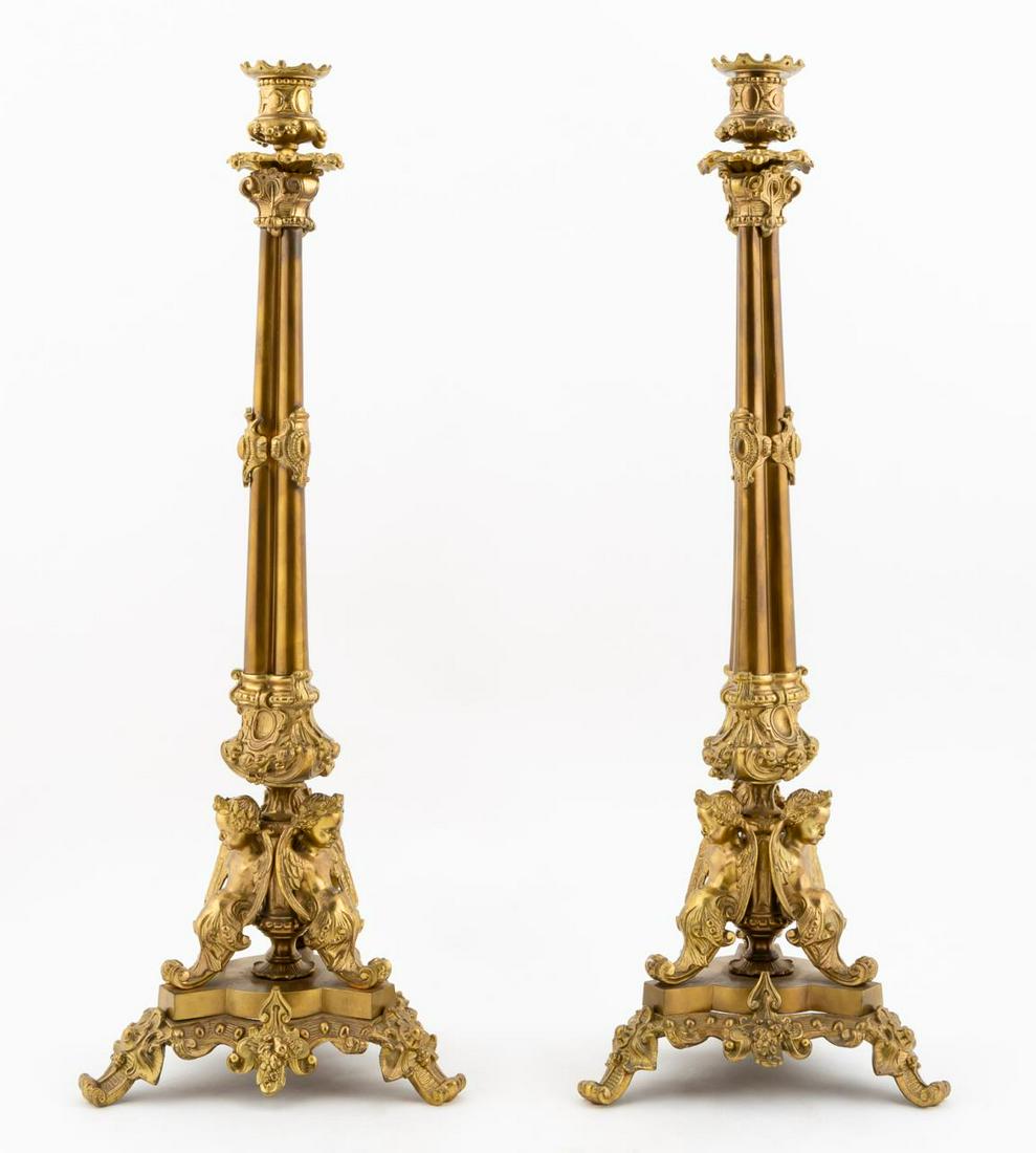 PAIR, 19TH C. BRONZE CHERUB CANDLESTICKS (1 of 5)