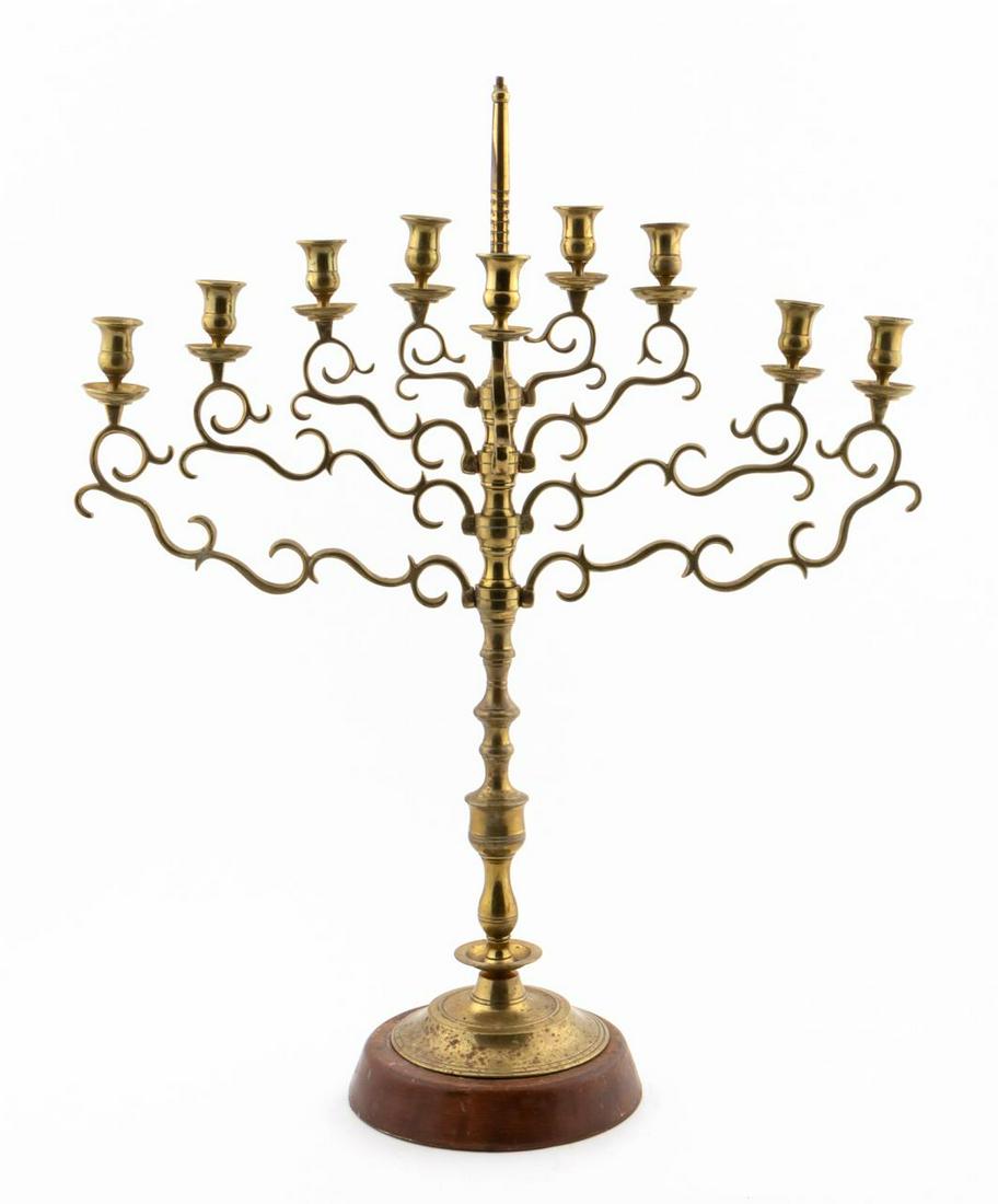 E. 20TH C. CONTINENTAL BRASS MENORAH ON STAND (1 of 4)