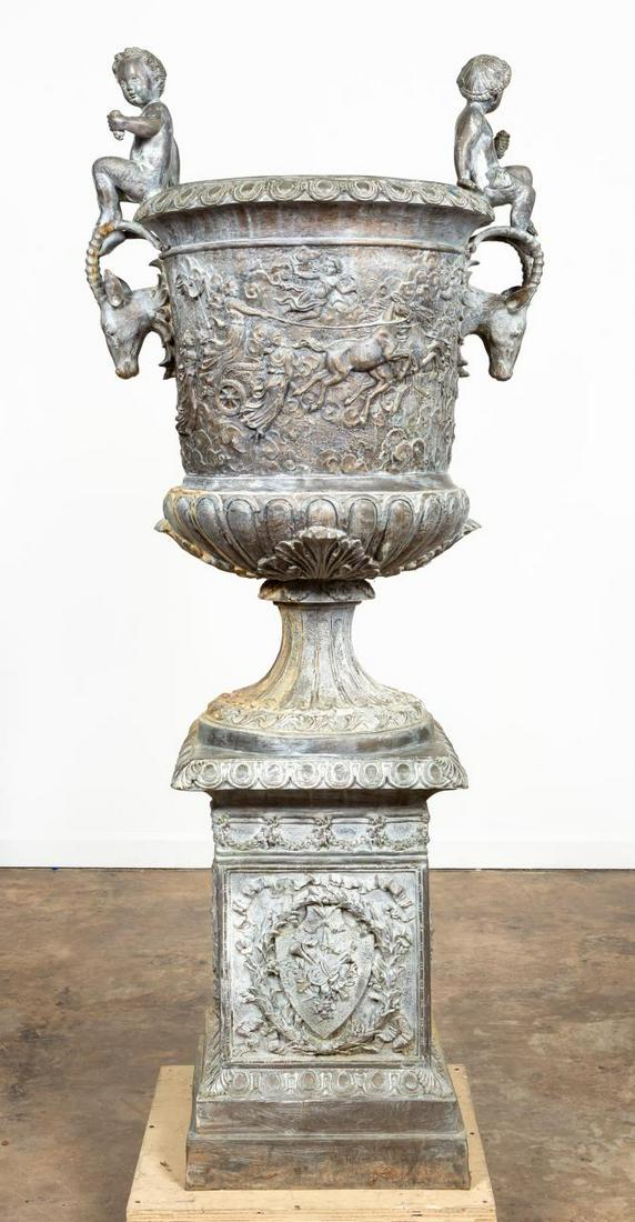 MONUMENTAL CONTINENTAL LEAD GARDEN URN ON STAND (1 of 8)