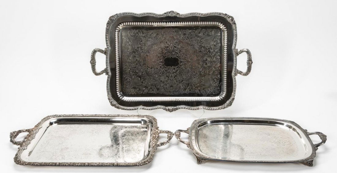 3 PCS, SILVERPLATE HANDLED & FOOTED SERVING TRAYS (1 of 7)