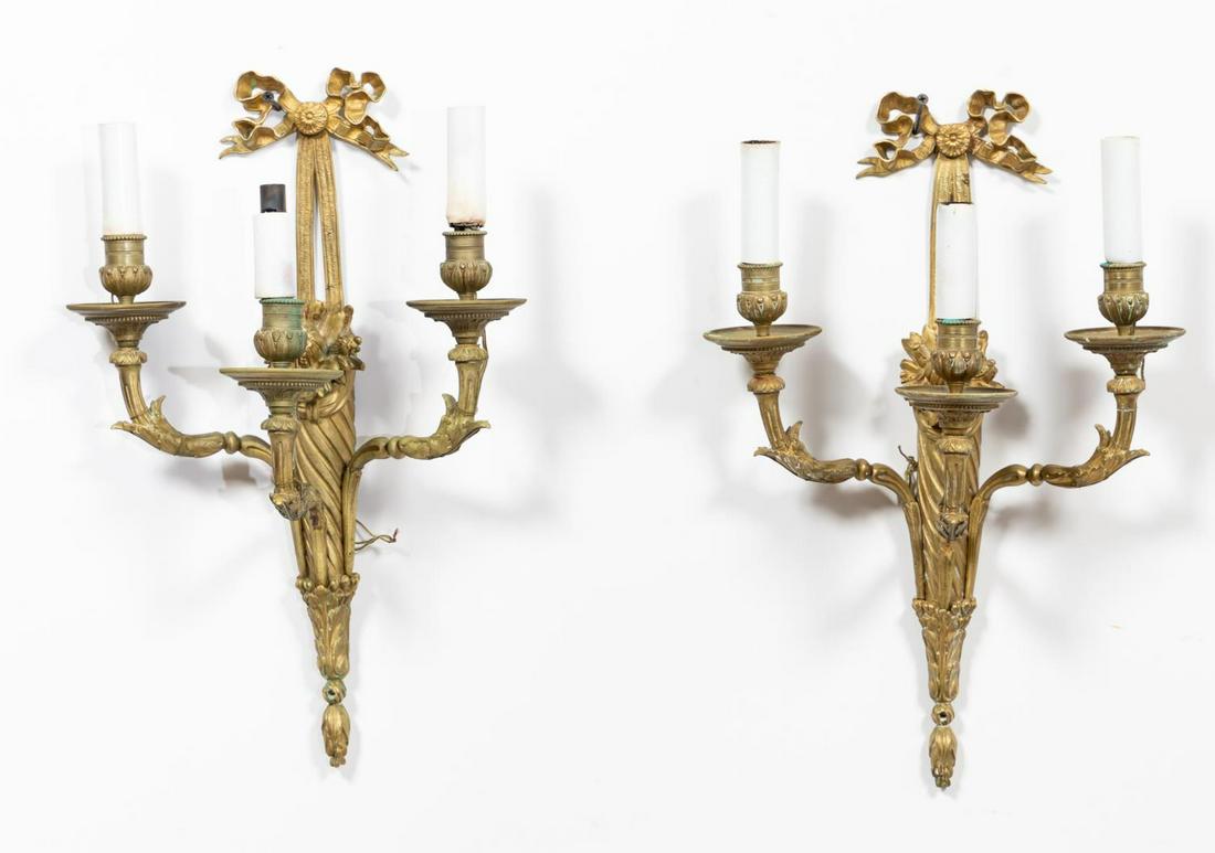 PAIR, LOUIS XVI STYLE FLORAL GILT BRONZE SCONCES (1 of 3)