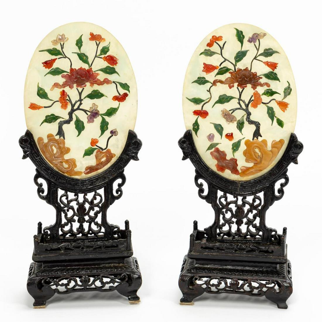 PAIR, CHINESE JADE OVAL SCREENS IN WOOD STANDS (1 of 5)