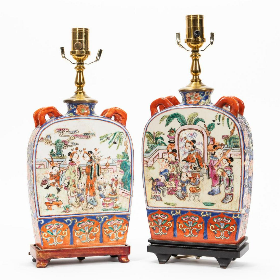 PAIR, CHINESE PORCELAIN TABLE LAMPS FIGURAL SCENE (1 of 7)