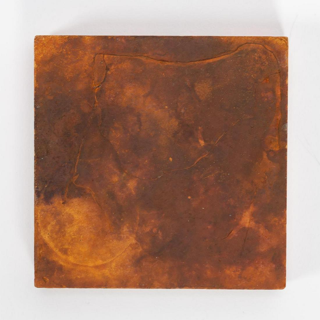 RMS CARPATHIA, SALVAGED SMALL RED FLOOR TILE: RMS Carpathia, Cunard Line, maiden voyage May 5, 1903; sunk July 15, 1918. Salvaged small red earthenware floor tile with grooved underside and two circular indentations. Unmarked. Patterned earthenwa