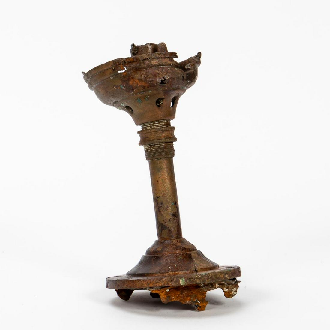 RMS CARPATHIA, SALVAGED METAL TABLE LAMP: RMS Carpathia, Cunard Line, maiden voyage May 5, 1903; sunk July 15, 1918. Salvaged metal table lamp or ceiling fixture having partial attached wooden remnants. Examples of this type of lamp can be se