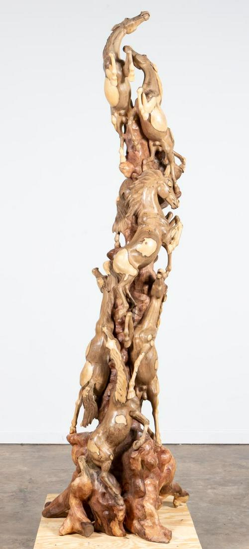 WAYAN JUMU, MONUMENTAL HORSE SCULPTURE, BALI: Wayan Jumu (Indonesian,born 1959). "Horses", carved wood sculpture. Signed "W. Jumu Ubud Bali". Approx. h. 97".