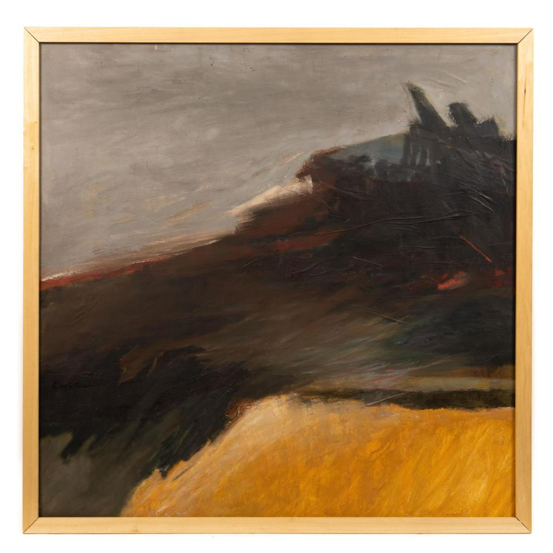 ROBERT EAGERTON, ABSTRACT OIL PAINTING: Robert Eagerton (American/Indiana, born 1940). "Abstracted Landscape", oil on Masonite. Signed lower left. Approx. 50" x 50.25" (frame), 48" x 48.25" (panel)