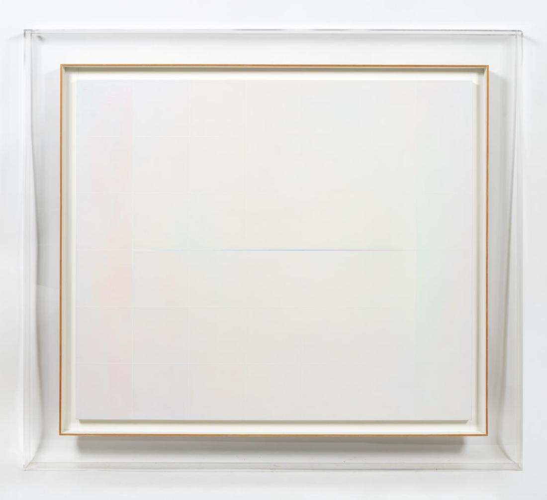 RYO TOKITA, "WHITE ABSTRACT", MIXED MEDIA: Ryo Tokita (Japanese, 20th century). "White Abstract" -1981-83, mixed media collage on panel. Signed and dated verso. Lucite and painted wood float frame. Provenance: From the Estate of Richard D. and