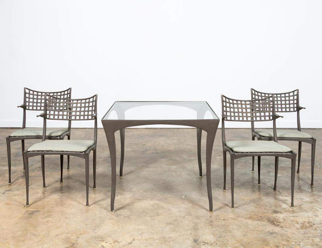 5 BROWN JORDAN AFTER JOHNSON, "GAZELLE" PATIO SET: After Dan Johnson design for Brown Jordan Furniture Co., circa 1970. Set of four "Gazelle" patio chairs and one table with glass top surface, likely aluminum with gray finish, and having upholstered c