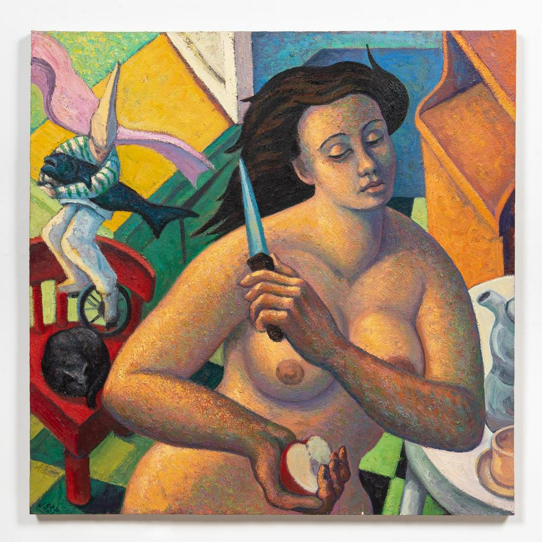 ROBERT JESSUP "DOMESTIC MEMORY" FEMALE NUDE 1991: Robert Jessup (American/Washington, born 1952). "Domestic Memory" -1991, oil on canvas. Signed lower right, titled, dated and signed verso. Approx. 42" x 42" (canvas).