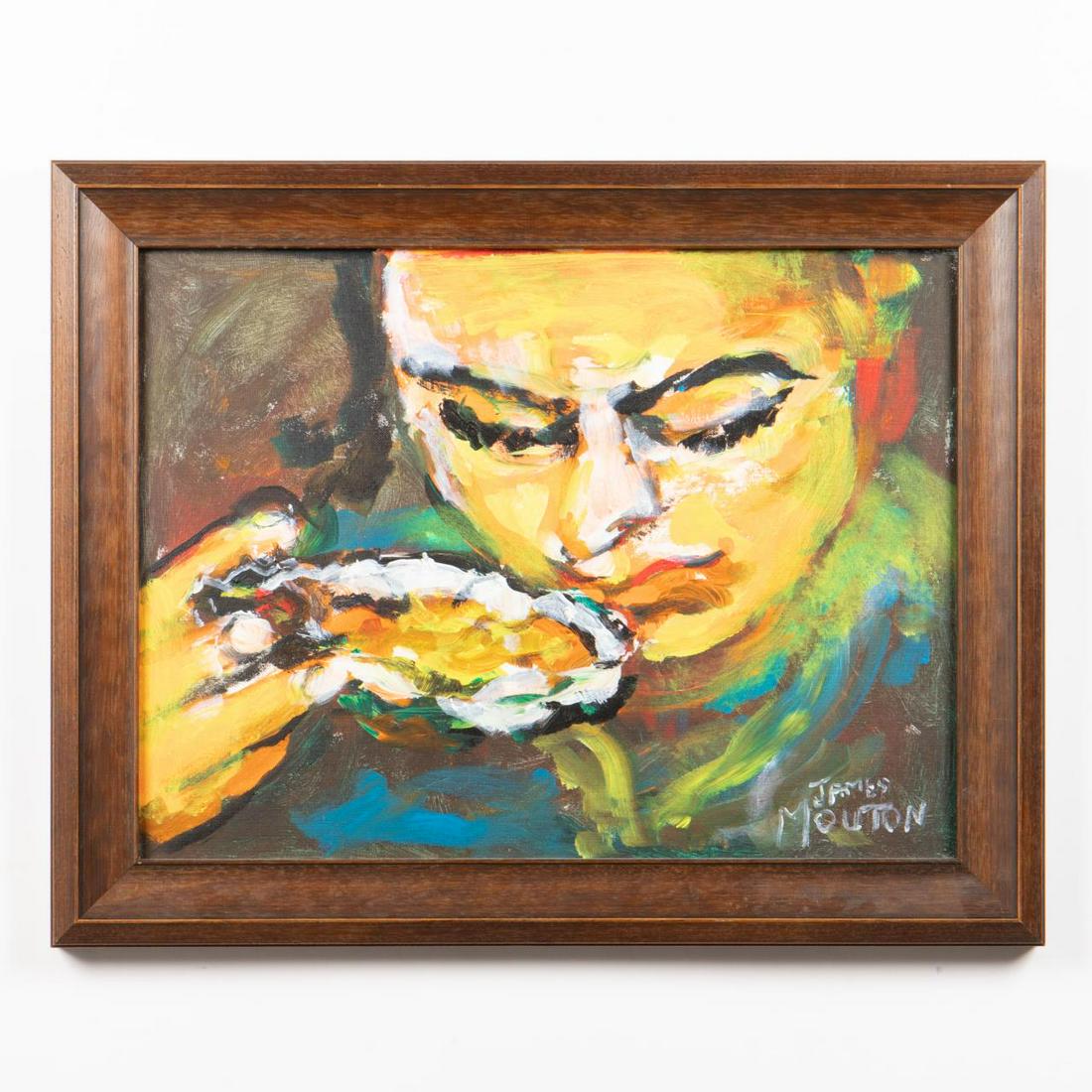 JAMES MOUTON, NEW ORLEANS STILL LIFE, 2008: Jim Mouton (Louisiana, 1925-2011). "Oyster on 1/2 Shell" -2008, acrylic on canvasboard. Signed lower right; titled, signed and dated verso. Approx. 22.5" x 28.5" (frame), 18" x 24" (board)