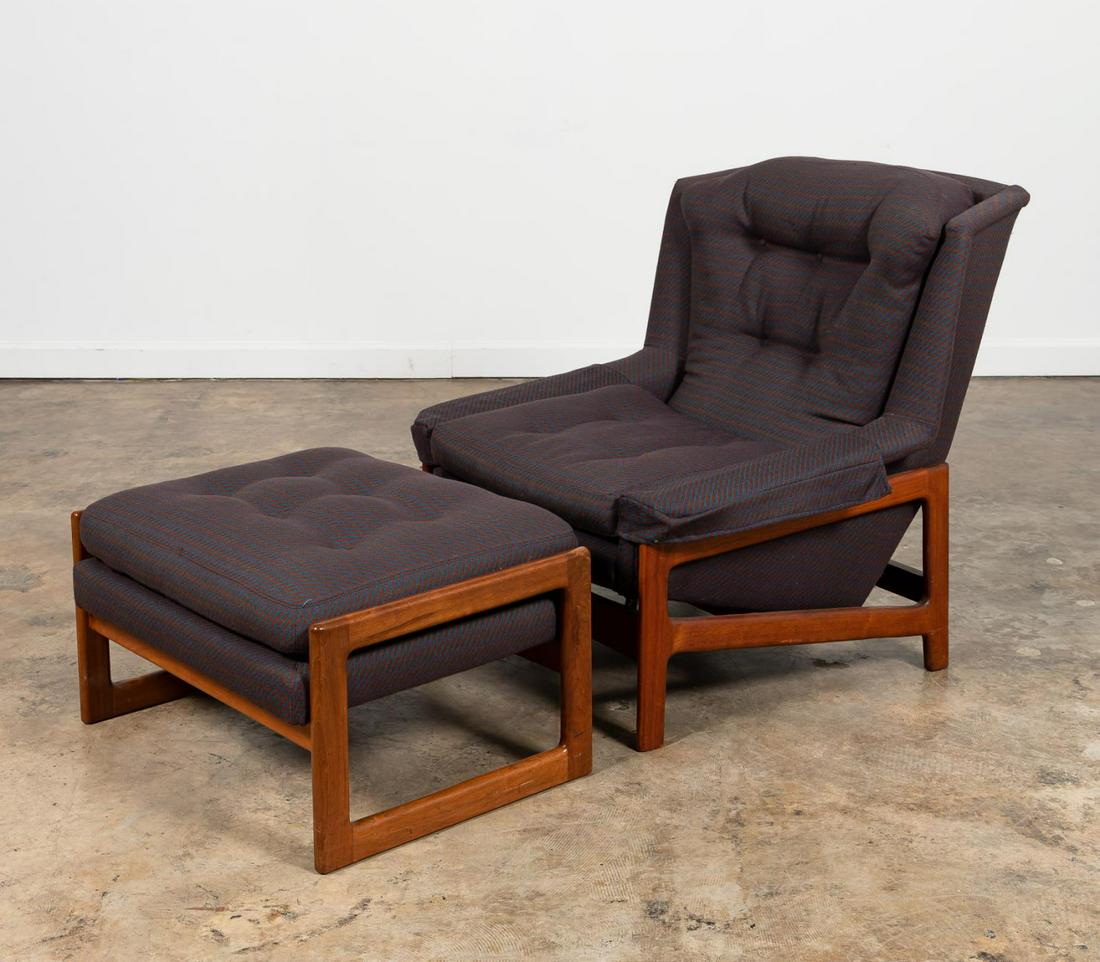 FOLKE OHLSSON SWEDISH RECLINER AND OTTOMAN: Folke Ohlsson for DUX (Swedish), mid-20th century. Mid-Century Modern walnut reclining chair and ottoman in Napoli fabric. Apparently unmarked. Note: Accompanied by receipt for ottoman from Interiors