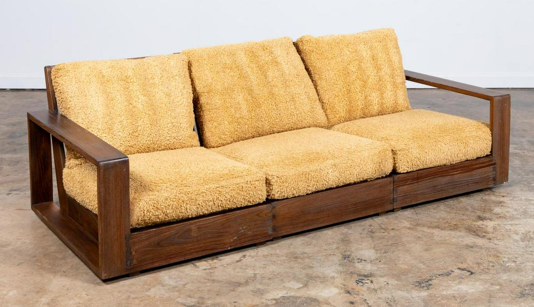 JOHN HUTTON FOR SUTHERLAND FURNITURE PATIO SOFA: John Hutton for Sutherland Furniture (American), contemporary. "Beachside" indoor/outdoor sofa in a dark wood finish with upholstered cushions. Cushion not intended for outdoor use as currently uphols