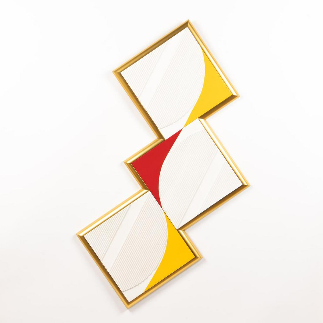 MICHAEL ARGOV, OP ART WALL SCULPTURE, 1970S: Michael Argov (Israeli, 1920-1982). Modern wall hanging, three fiberglass and acrylic paint panels framed together, each signed, numbered from an edition of 50 and dated 1974-75. Approx. 58.5" x 34"