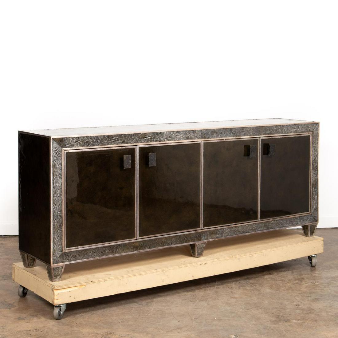 MODERN 4 DOOR SIDEBOARD, COUP D'ETAT FURNITURE: Coup Studio for Coup d'Etat (American, founded 2001), 21st century. Art Deco modernist credenza having textured scale surface under resin and leather shagreen textured pulls. Brass plaque to interior.