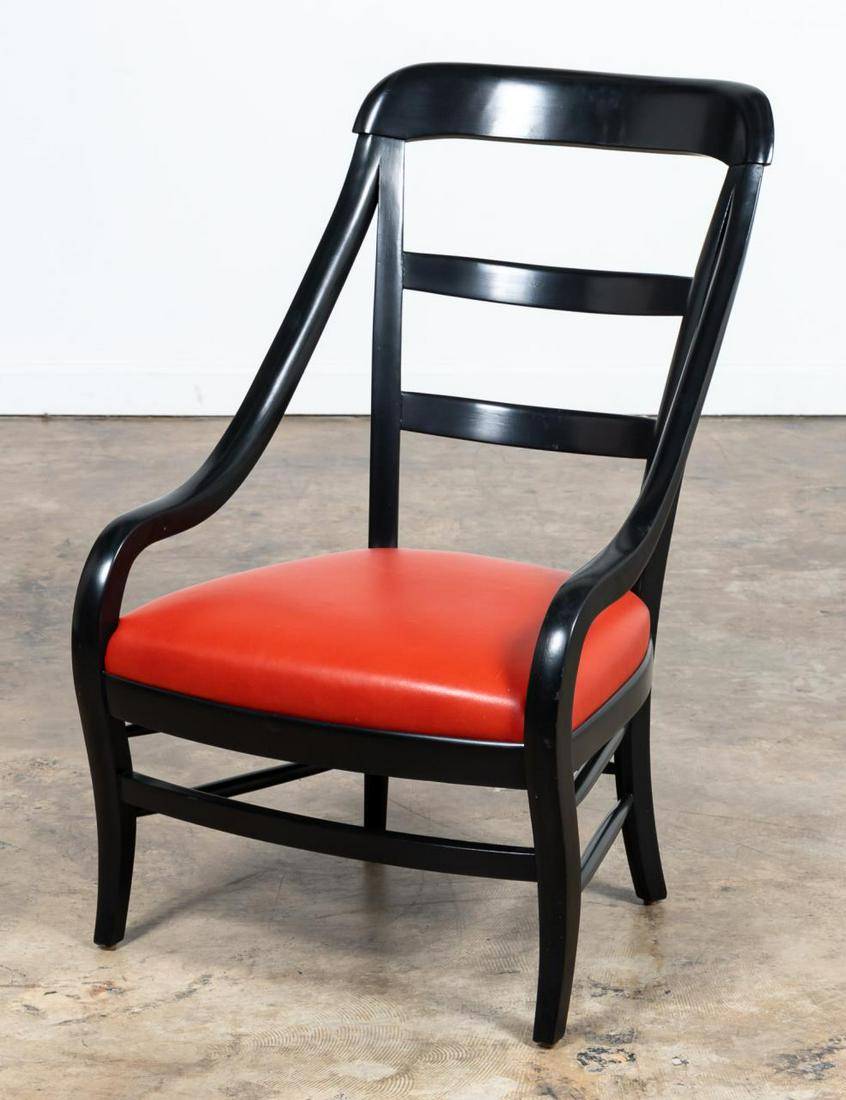 HOLLY HUNT COLLECTION EBONY & LEATHER ARMCHAIR: Holly Hunt Furniture (American), late 20th century. Single armchair with ebonized wood and red leather upholstery. Studio H plaque to underside. Approx. h. 40", w. 25.125", d. 20.5".
