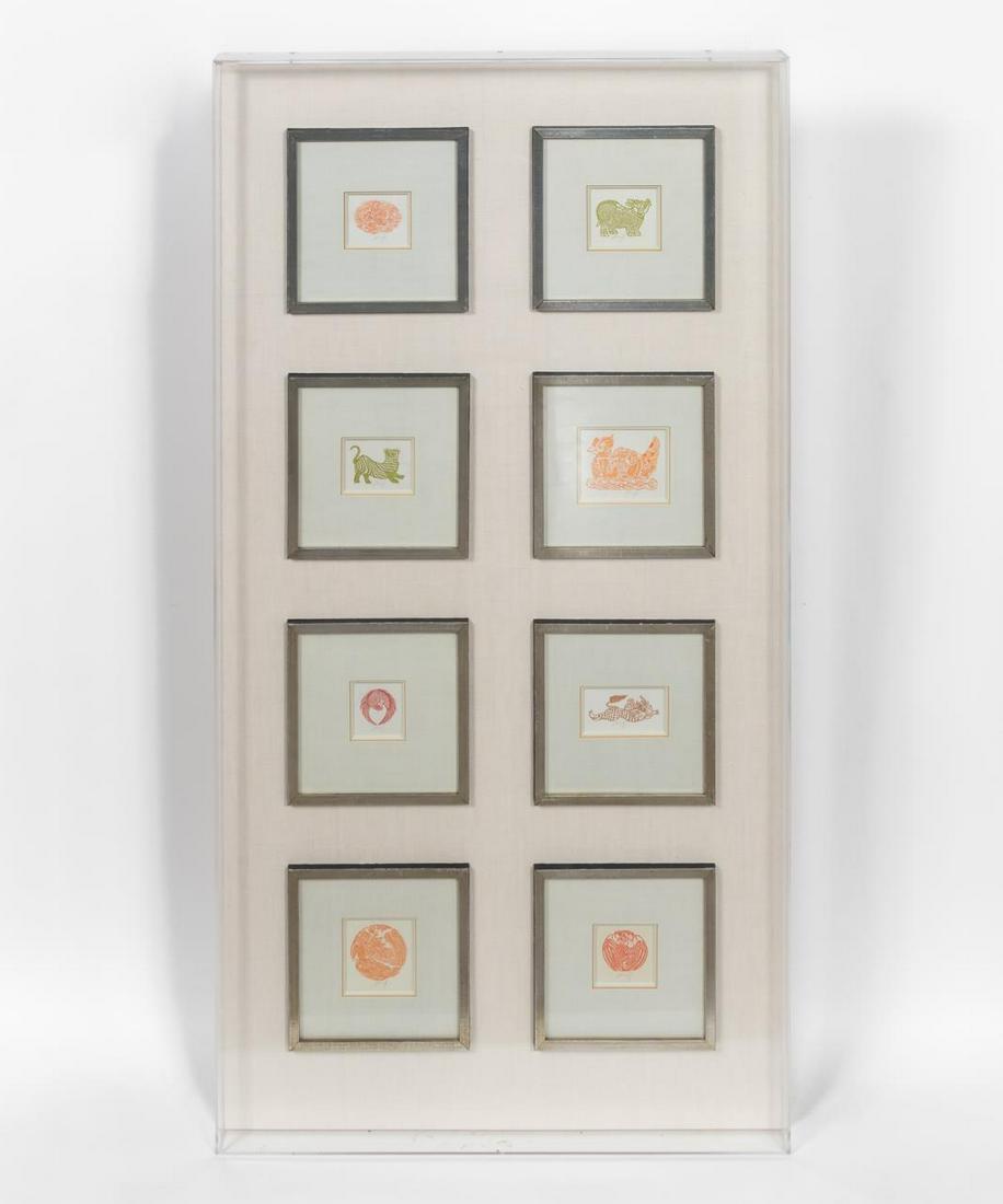 BLOCK PRINT COLLECTION, FRAMED IN ACRYLIC BOX, SIG: Asian school. 19th century. Eight animal woodcut or linocut prints, framed together with white gold liners and linen, all encased in a Lucite shadow box frame. Each signed "W.F". Provenance: From the