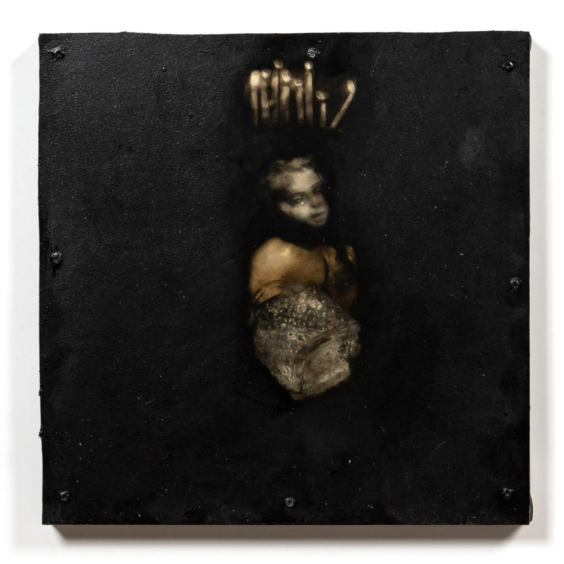 TODD MURPHY, MIXED MEDIA ASSEMBLAGE, 1994: Todd Murphy (American/Georgia, 1962-2020). "Baby with Hand in Candy Jar" -1994, photo-encaustic with plexiglass and canvas. Signed and dated verso. Approx. 20" x 20" (canvas).