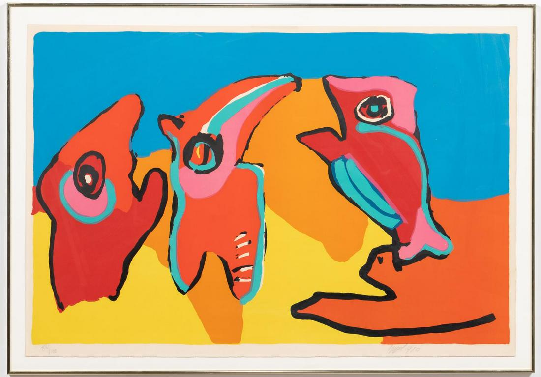 KAREL APPEL SIGNED "DANCING IN THE SPRING", 1970: Karel Appel (Dutch, 1921-2006). "Dancing in the Spring" - 1970, screenprint on paper, embossed lower left, pencil signed, dated and numbered 88 of 100 in lower margin. Approx. 27.75" x 41" (print), 31