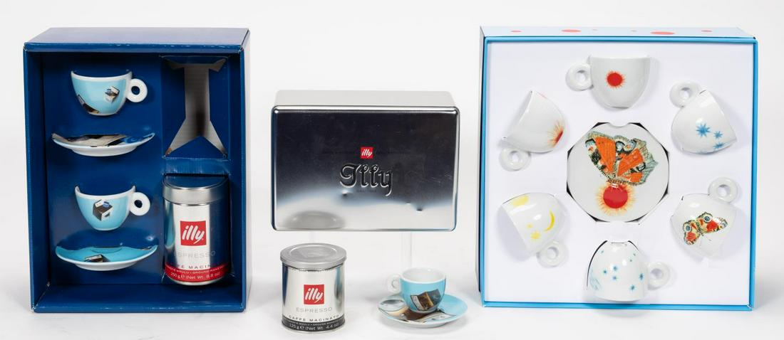 ILLY COLLECTION CUPS: KIKI SMITH & NORMA JEANE: Kiki Smith (American / German, b. 1954 -), and Norma Jean (20th century) for Illy (Italian, est. 1933), 2001 and 2012. A grouping of "Illy Collection" artists espresso cup sets comprising of a single