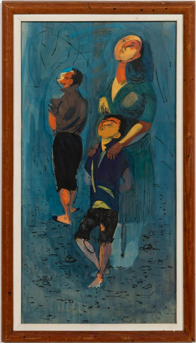MID-CENTURY MODERN FIGURAL PAINTING BY ABRUZZO: Continental school, mid-20th century. "Watching the Sky", gouache and watercolor. Signed lower right "Abruzzo". Approx. 23.25" x 13.25" (frame), 20.75" x 10.5" (sight).