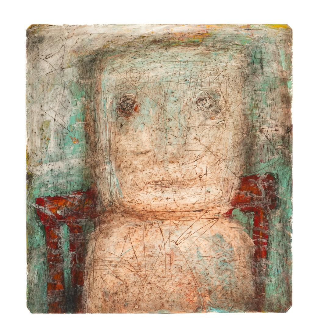 TERRY TURRELL, OUTSIDER ART, WINTER, PORTRAIT 1998: Terry Turrell (American/Washington State, born 1946). "Winter" -1998, oil on metal panel. Signed, dated, and numbered verso. Unframed. Approx. 13" x 12" (panel).