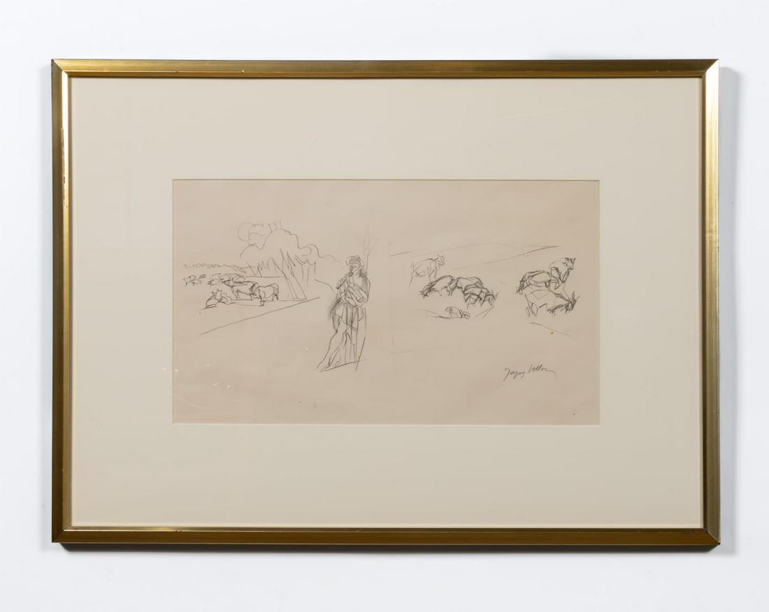 JACQUES VILLON, FRENCH PASTORAL SCENE, LITHOGRAPH: Jacques Villon (French, 1875-1963). "7th Bucolique, Pastorale" -1960, lithograph. Pencil signed lower right. Approx. 22.75" x 31" (frame), 11.5" x 19.75" (sight)