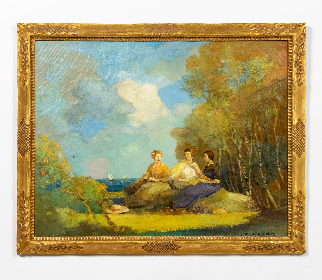 ETTORE CASER OIL, WITH FELICIANO NEMICCOLO FRAME: Ettore Caser (Italian/New York, 1880-1944). "The Wave", oil on canvas. Signed lower right, signed on stretcher, titled on verso. Presented in Feliciano Nemiccolo carved giltwood arts and crafts style
