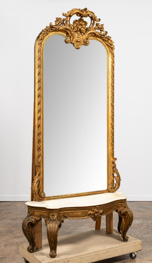 ROCOCO REVIVAL GILTWOOD PIER MIRROR & MARBLE TABLE: Italian, late 19th / early 20th century. Rococo revival two piece gilt wood pier mirror and marble console table with shell and acanthus leaf details. Apparently unmarked. Provenance: From the Estate 